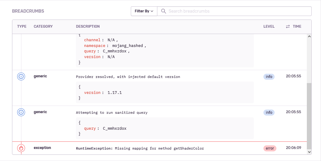 Screenshot showing an example Breadcrumbs section in the Sentry UI.
