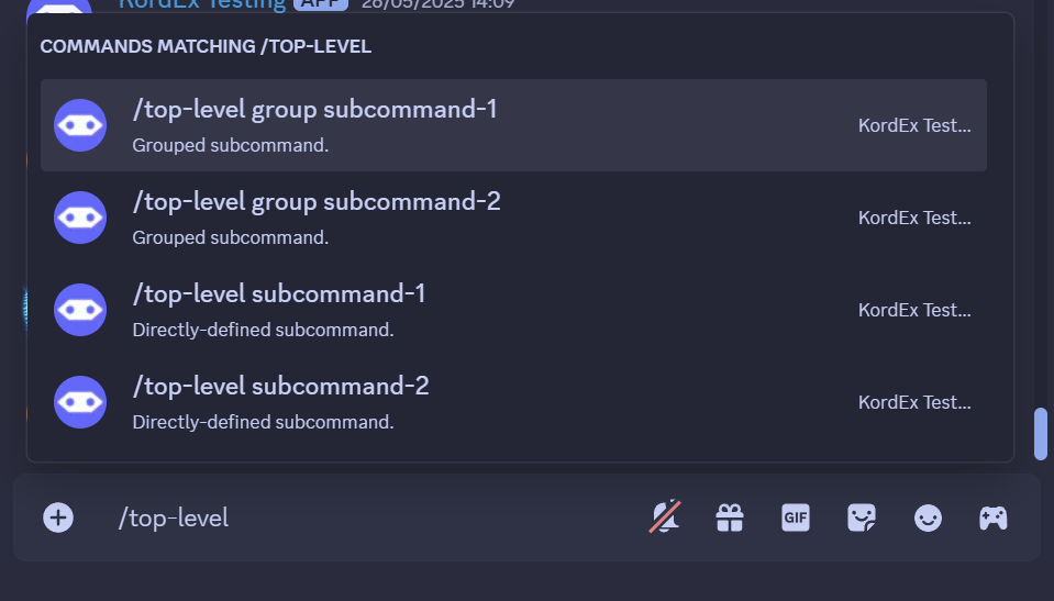 Screenshot showing a Discord client, showcasing how groups and subcommands show to users.